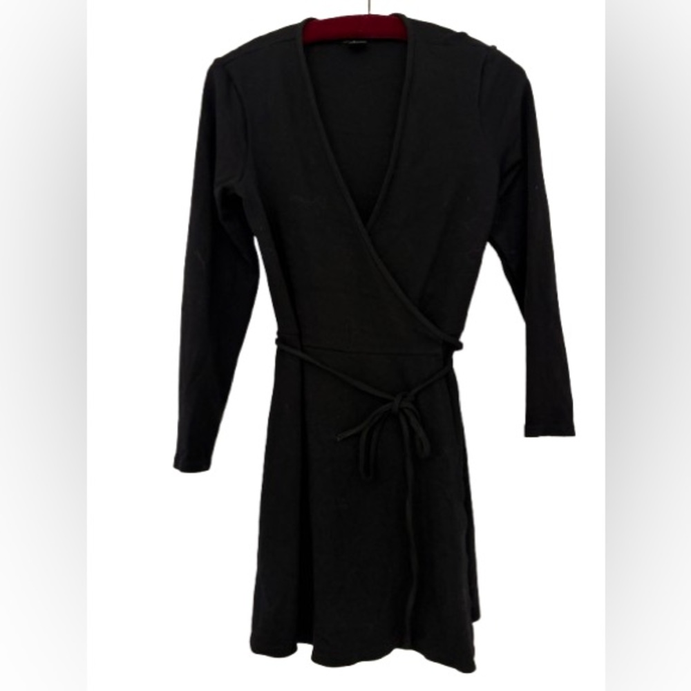 American Apparel Long Sleeve Deep V Neck Black Wrap Mini Dress